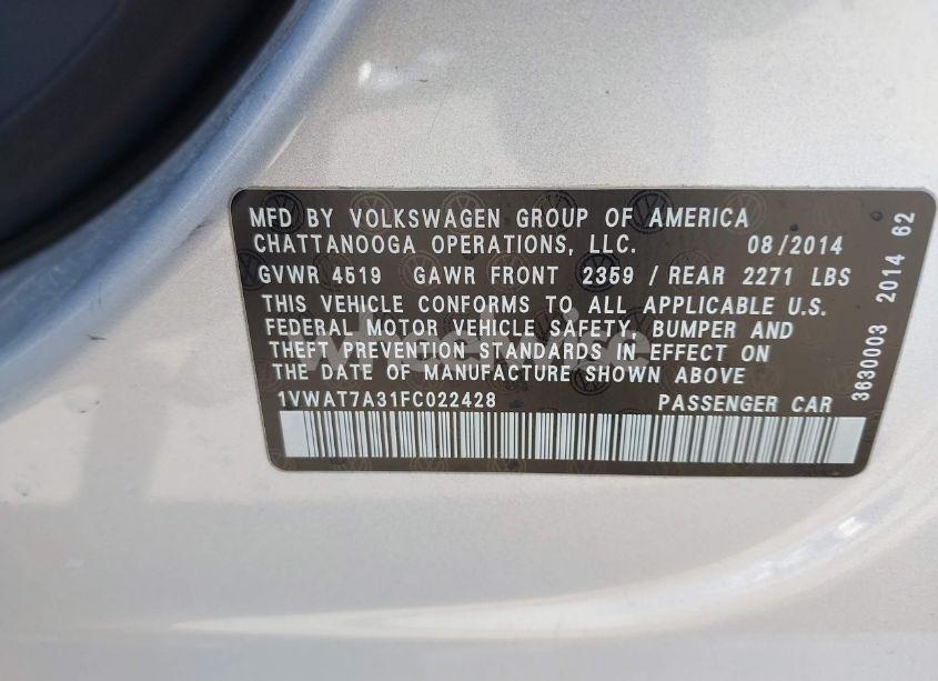 Photo 9 of 2015 Volkswagen Passat 1.8T WOLFSBURG EDITION (VIN 1VWAT7A31FC022428)