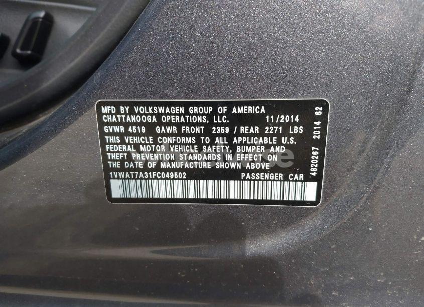 Photo 9 of 2015 Volkswagen Passat 1.8T WOLFSBURG EDITION (VIN 1VWAT7A31FC049502)