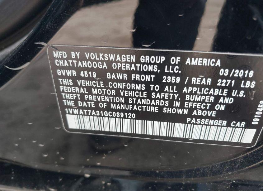 Photo 9 of 2016 Volkswagen Passat 1.8T S (VIN 1VWAT7A31GC039120)