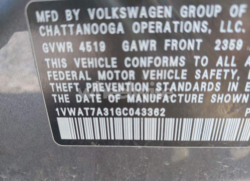 Photo 9 of 2016 Volkswagen Passat 1.8T S (VIN 1VWAT7A31GC043362)