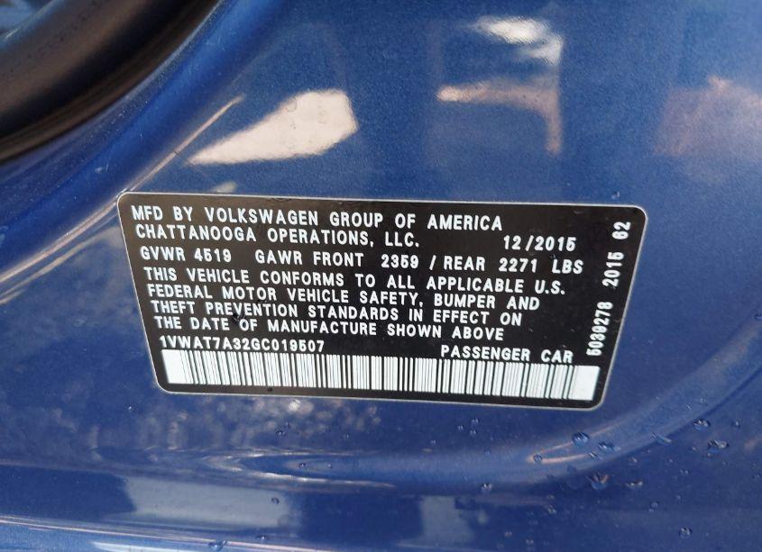 Photo 9 of 2016 Volkswagen Passat 1.8T S (VIN 1VWAT7A32GC019507)
