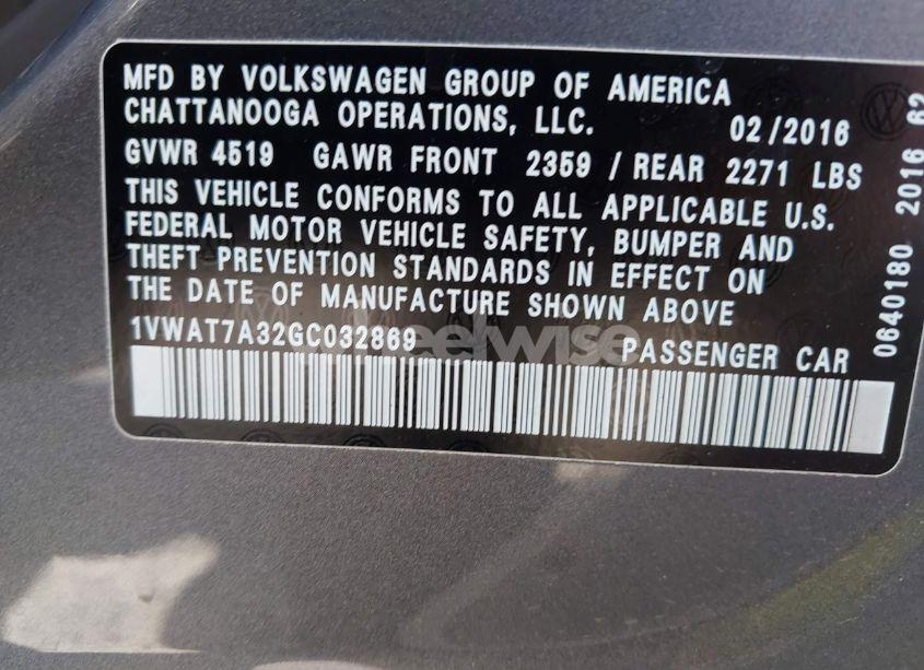 Photo 9 of 2016 Volkswagen Passat 1.8T S (VIN 1VWAT7A32GC032869)