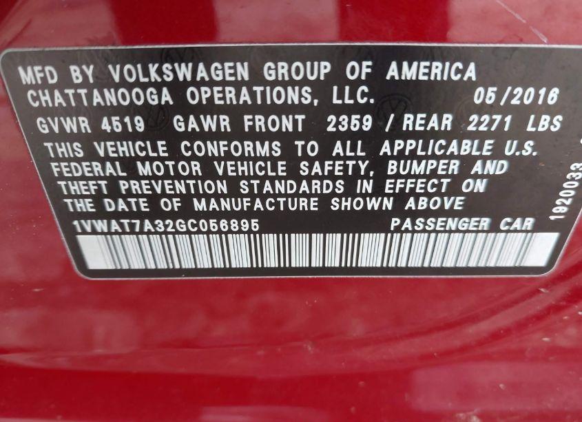 Photo 9 of 2016 Volkswagen Passat 1.8T S (VIN 1VWAT7A32GC056895)