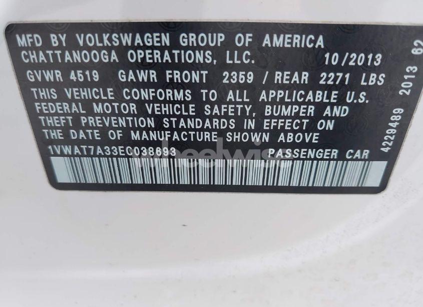 Photo 9 of 2014 Volkswagen Passat 1.8T WOLFSBURG EDITION (VIN 1VWAT7A33EC038693)