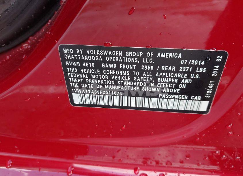 Photo 9 of 2015 Volkswagen Passat 1.8T WOLFSBURG EDITION (VIN 1VWAT7A33FC011074)