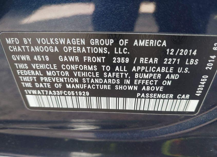 Photo 9 of 2015 Volkswagen Passat 1.8T WOLFSBURG EDITION (VIN 1VWAT7A33FC051929)