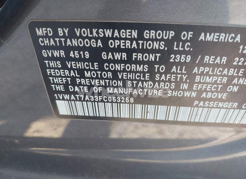 Photo 9 of 2015 Volkswagen Passat 1.8T S (VIN 1VWAT7A33FC053258)