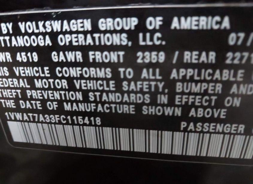 Photo 9 of 2015 Volkswagen Passat 1.8T LIMITED EDITION (VIN 1VWAT7A33FC115418)