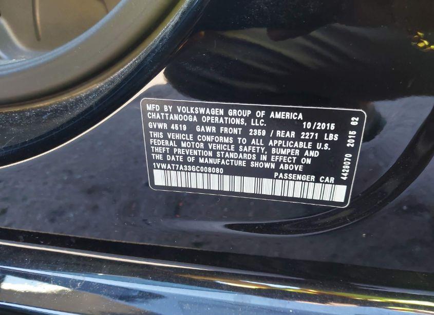 Photo 9 of 2016 Volkswagen Passat 1.8T S (VIN 1VWAT7A33GC008080)