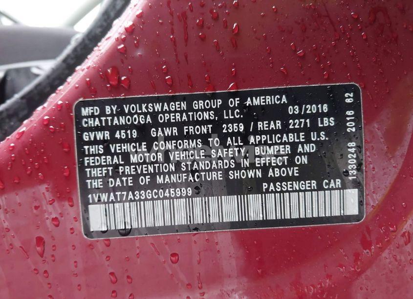 Photo 9 of 2016 Volkswagen Passat 1.8T S (VIN 1VWAT7A33GC045999)