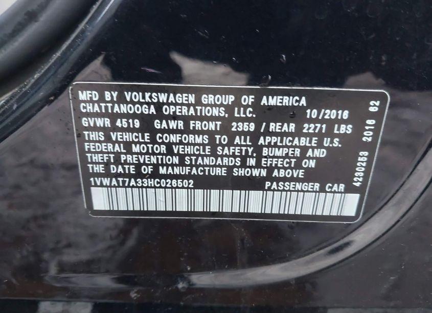 Photo 9 of 2017 Volkswagen Passat 1.8T S (VIN 1VWAT7A33HC026502)