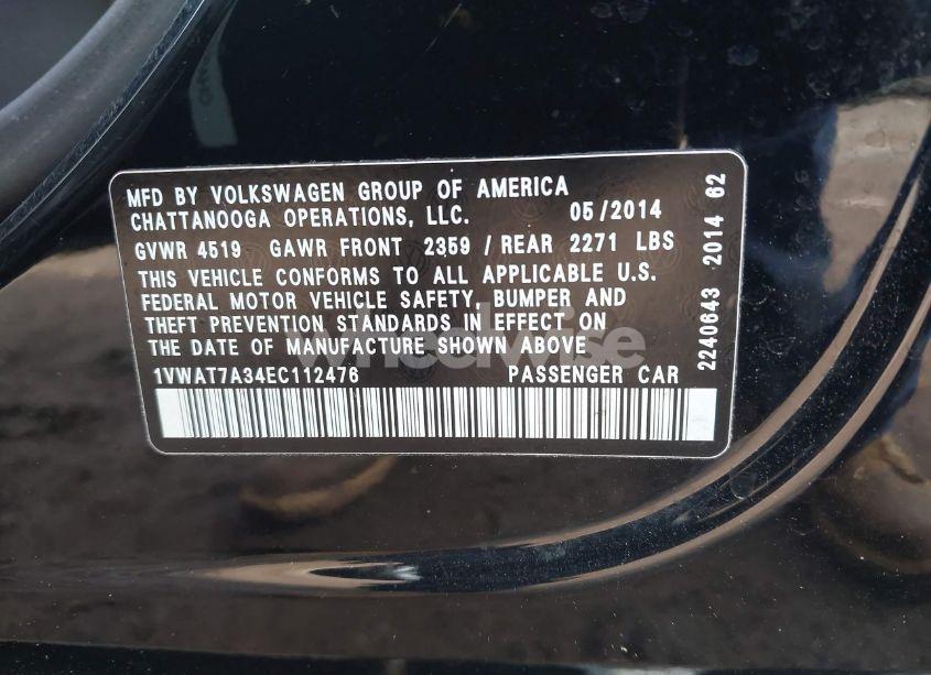 Photo 9 of 2014 Volkswagen Passat 1.8T S (VIN 1VWAT7A34EC112476)
