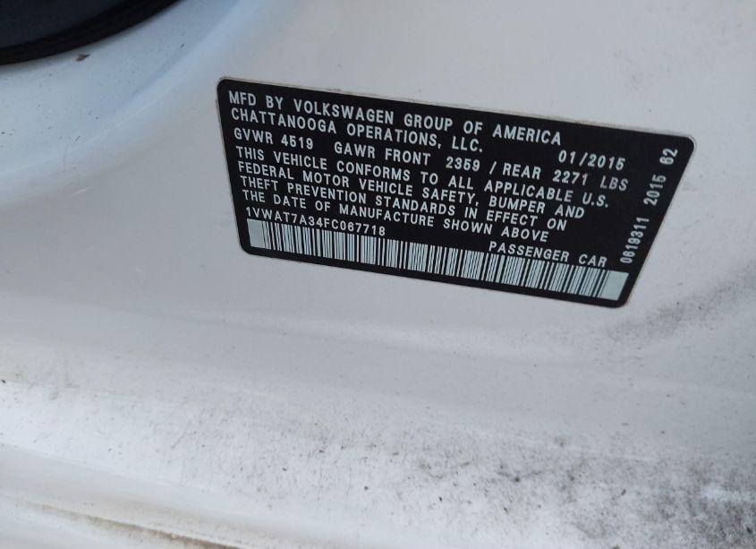 Photo 9 of 2015 Volkswagen Passat 1.8T WOLFSBURG EDITION (VIN 1VWAT7A34FC067718)