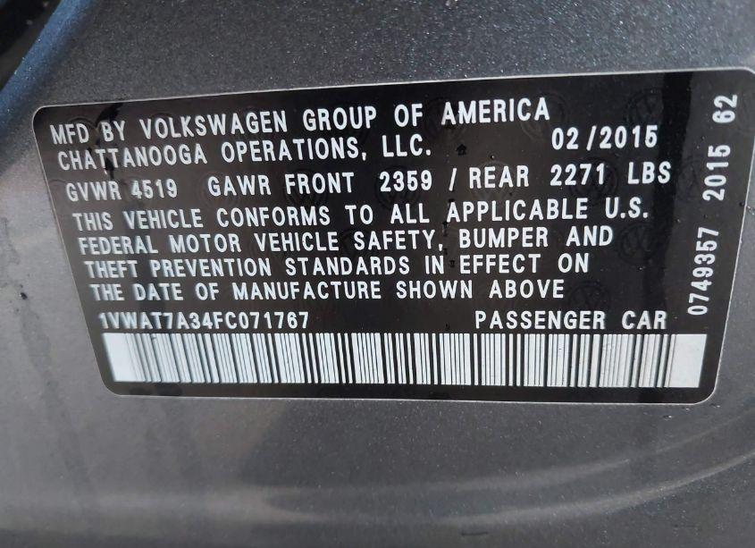 Photo 8 of 2015 Volkswagen Passat 1.8T WOLFSBURG EDITION (VIN 1VWAT7A34FC071767)