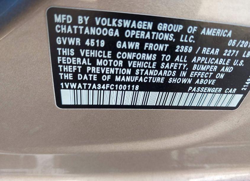 Photo 9 of 2015 Volkswagen Passat 1.8T LIMITED EDITION (VIN 1VWAT7A34FC100118)