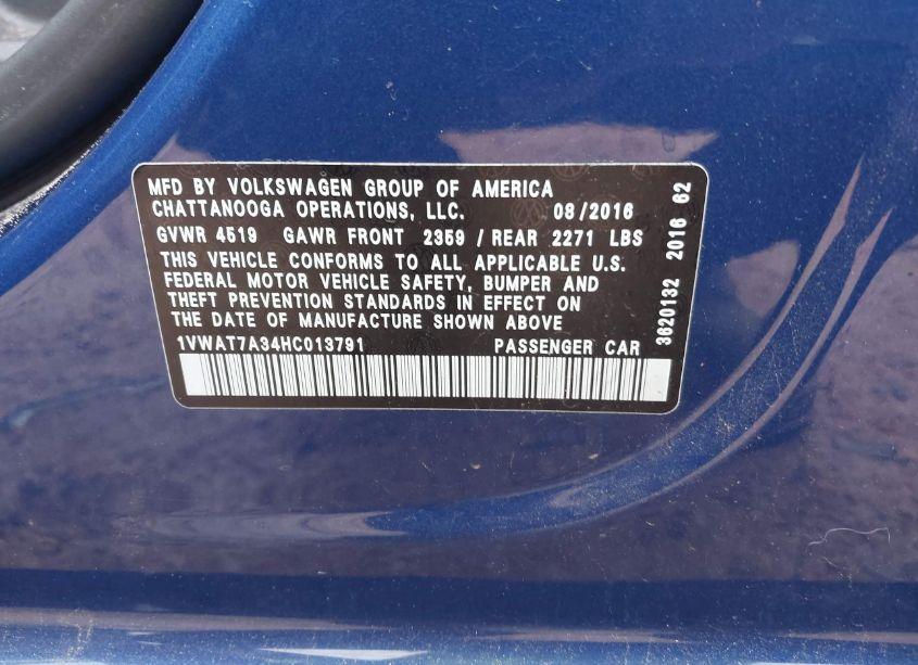 Photo 9 of 2017 Volkswagen Passat 1.8T S (VIN 1VWAT7A34HC013791)