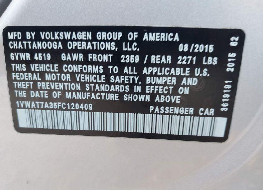 Photo 9 of 2015 Volkswagen Passat 1.8T LIMITED EDITION (VIN 1VWAT7A35FC120409)