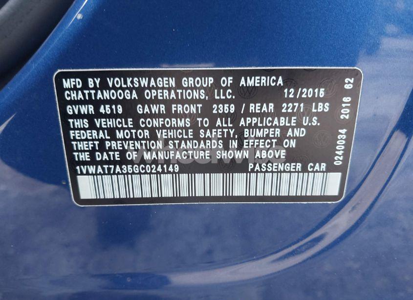 Photo 9 of 2016 Volkswagen Passat 1.8T S (VIN 1VWAT7A35GC024149)