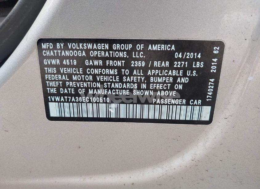 Photo 9 of 2014 Volkswagen Passat 1.8T WOLFSBURG EDITION (VIN 1VWAT7A36EC100510)