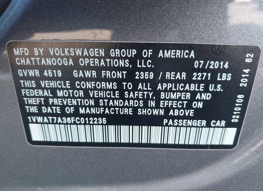 Photo 9 of 2015 Volkswagen Passat 1.8T WOLFSBURG EDITION (VIN 1VWAT7A36FC012235)