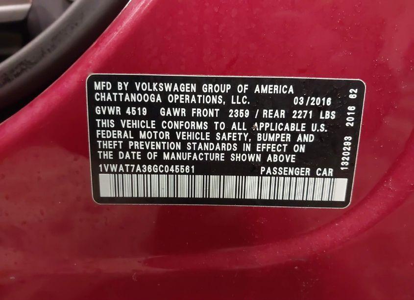Photo 9 of 2016 Volkswagen Passat 1.8T S (VIN 1VWAT7A36GC045561)