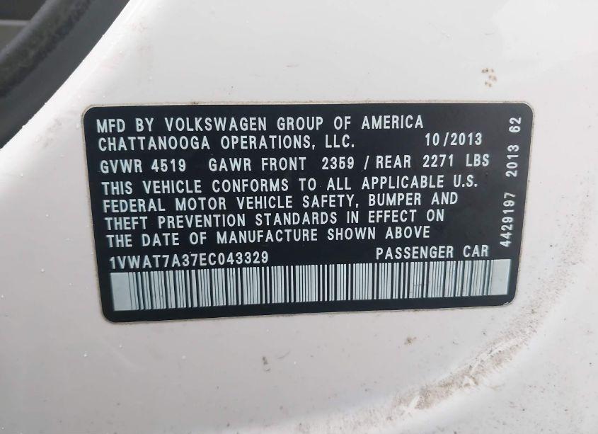 Photo 9 of 2014 Volkswagen Passat 1.8T S (VIN 1VWAT7A37EC043329)