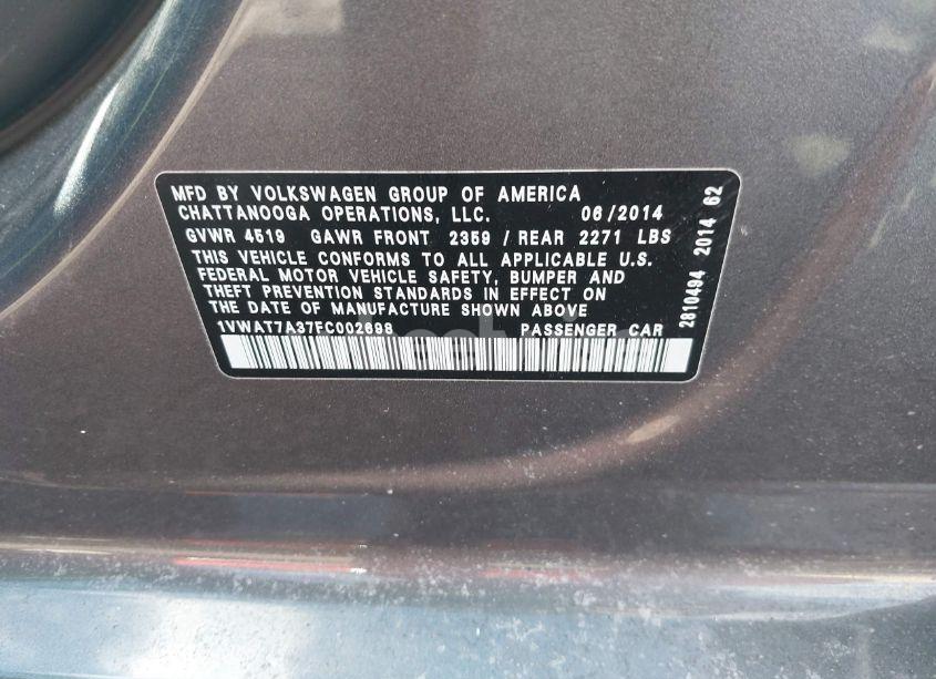 Photo 9 of 2015 Volkswagen Passat 1.8T WOLFSBURG EDITION (VIN 1VWAT7A37FC002698)