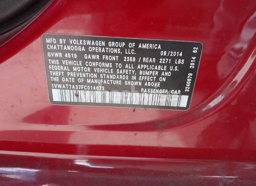 Photo 9 of 2015 Volkswagen Passat 1.8T WOLFSBURG EDITION (VIN 1VWAT7A37FC014673)