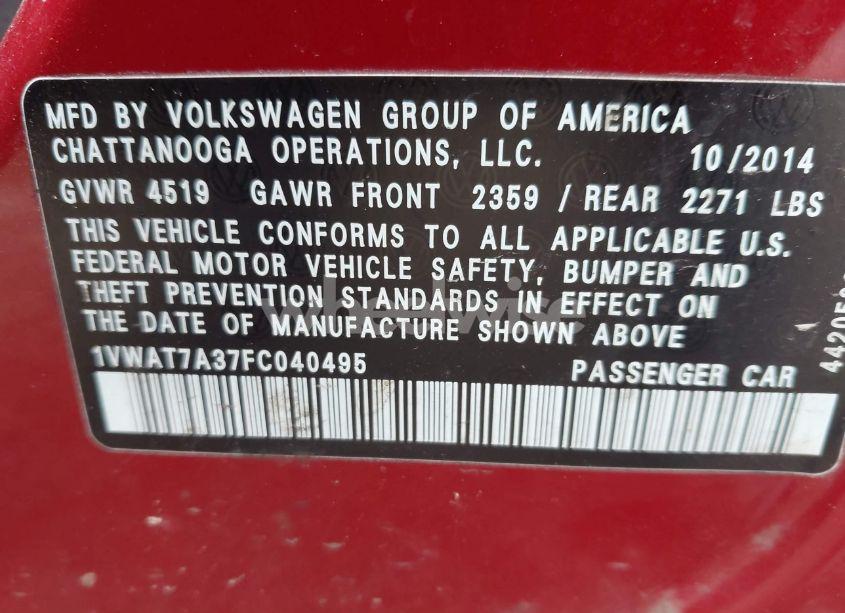 Photo 9 of 2015 Volkswagen Passat 1.8T WOLFSBURG EDITION (VIN 1VWAT7A37FC040495)
