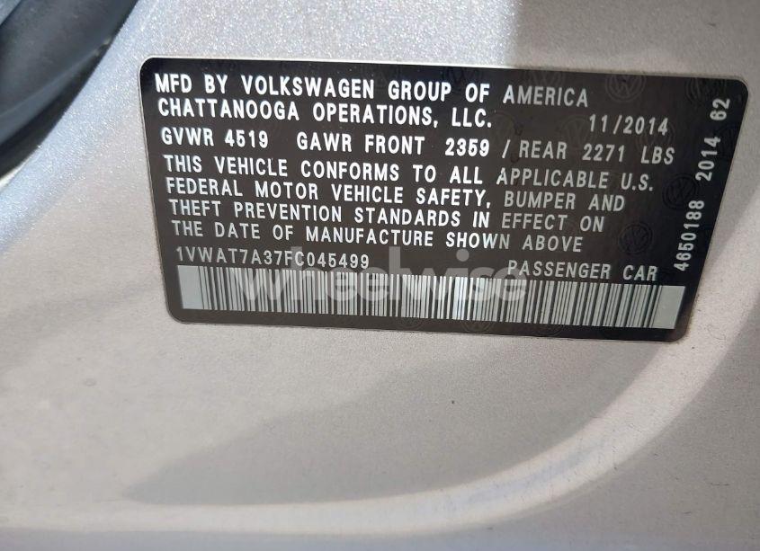 Photo 9 of 2015 Volkswagen Passat 1.8T WOLFSBURG EDITION (VIN 1VWAT7A37FC045499)