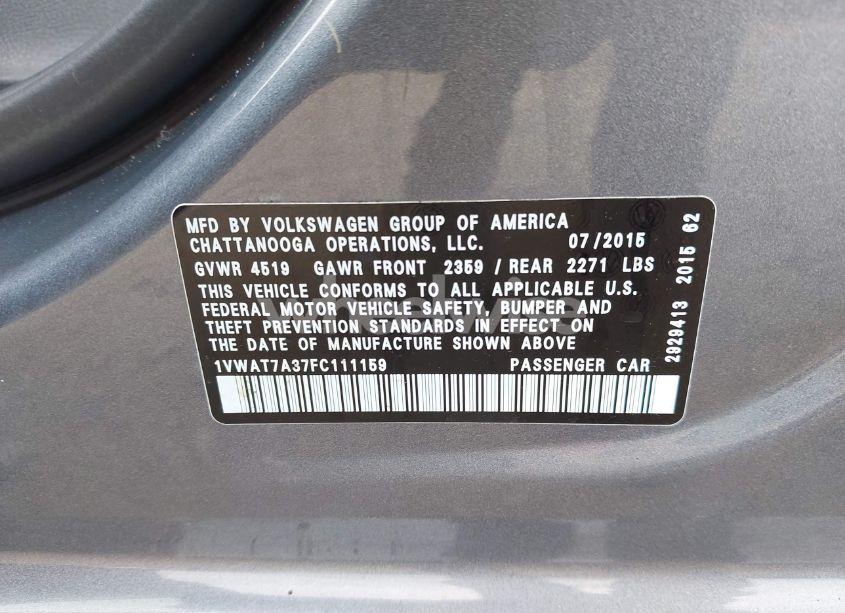 Photo 9 of 2015 Volkswagen Passat 1.8T LIMITED EDITION (VIN 1VWAT7A37FC111159)