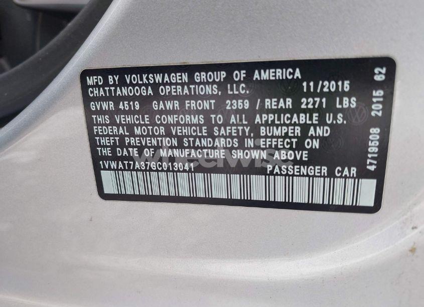 Photo 9 of 2016 Volkswagen Passat 1.8T S (VIN 1VWAT7A37GC013041)