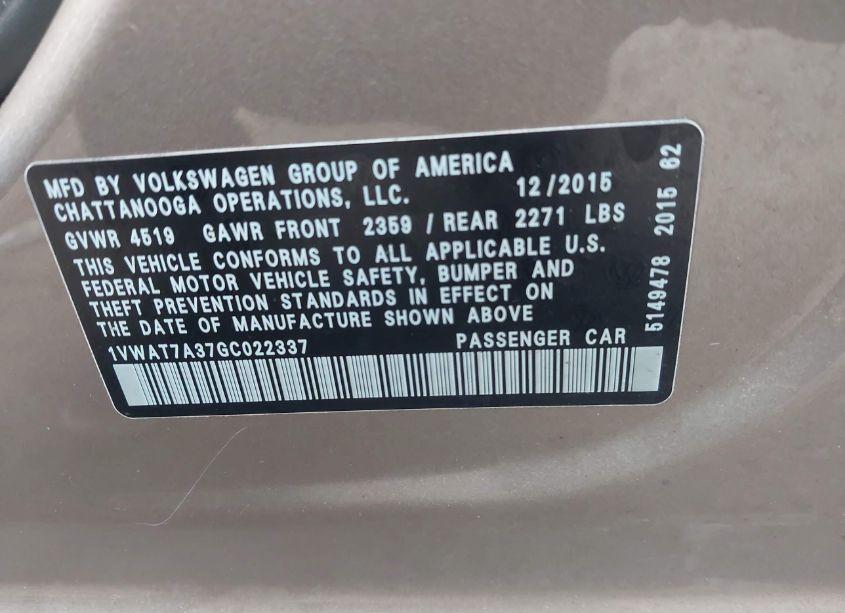 Photo 9 of 2016 Volkswagen Passat 1.8T S (VIN 1VWAT7A37GC022337)