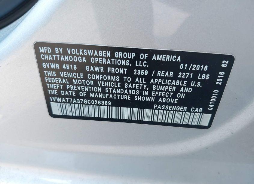 Photo 9 of 2016 Volkswagen Passat 1.8T S (VIN 1VWAT7A37GC026369)