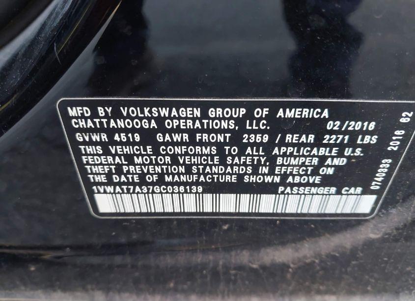 Photo 9 of 2016 Volkswagen Passat 1.8T S (VIN 1VWAT7A37GC036139)