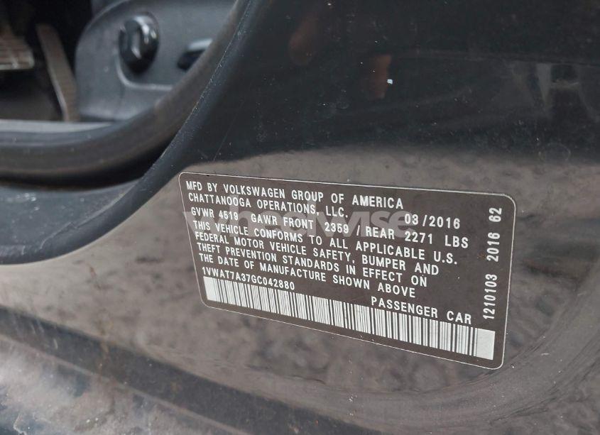 Photo 9 of 2016 Volkswagen Passat 1.8T R-LINE (VIN 1VWAT7A37GC042880)