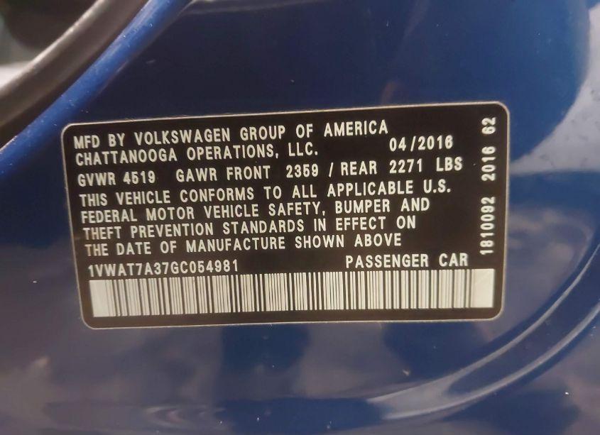 Photo 9 of 2016 Volkswagen Passat 1.8T S (VIN 1VWAT7A37GC054981)