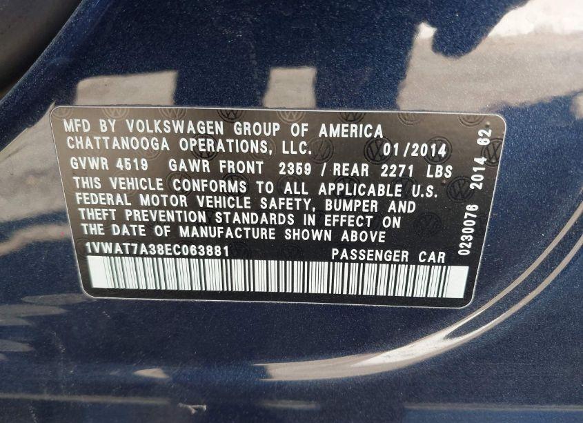 Photo 9 of 2014 Volkswagen Passat 1.8T WOLFSBURG EDITION (VIN 1VWAT7A38EC063881)