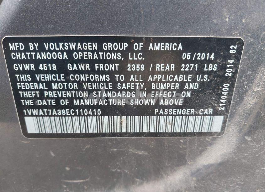 Photo 9 of 2014 Volkswagen Passat 1.8T S (VIN 1VWAT7A38EC110410)