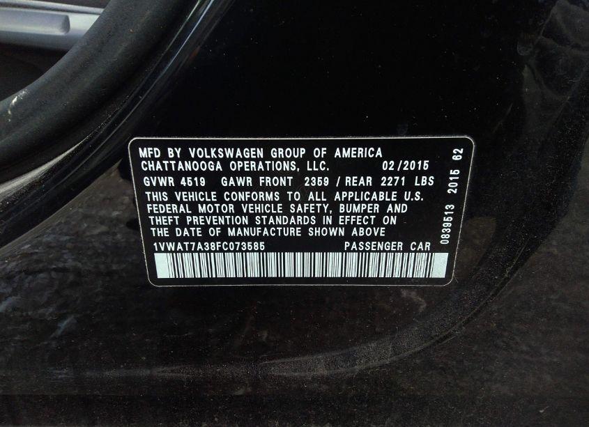 Photo 9 of 2015 Volkswagen Passat 1.8T S (VIN 1VWAT7A38FC073585)