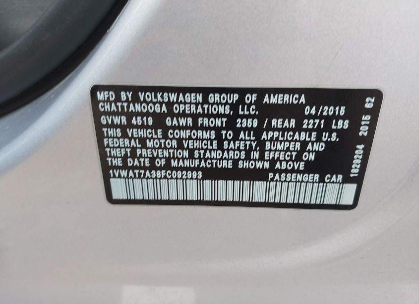 Photo 9 of 2015 Volkswagen Passat 1.8T LIMITED EDITION (VIN 1VWAT7A38FC092993)