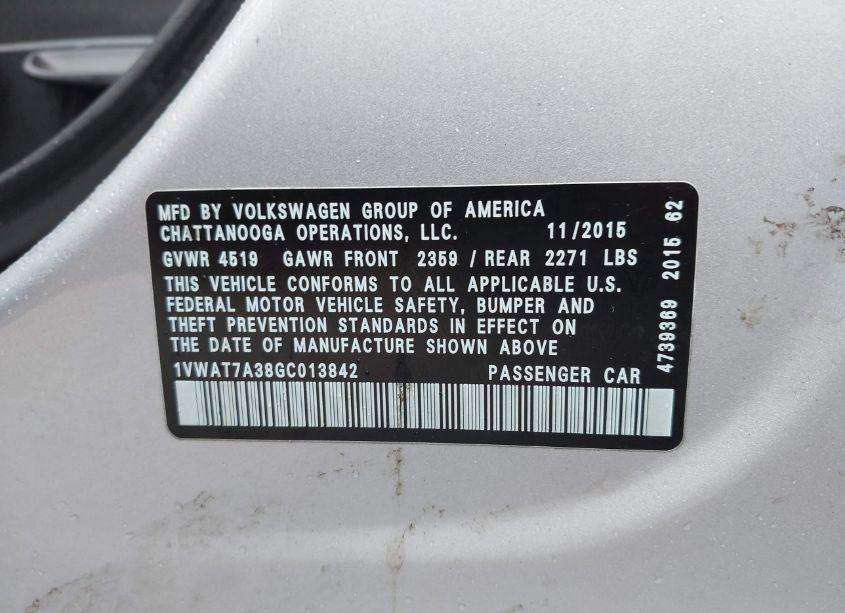 Photo 9 of 2016 Volkswagen Passat 1.8T S (VIN 1VWAT7A38GC013842)
