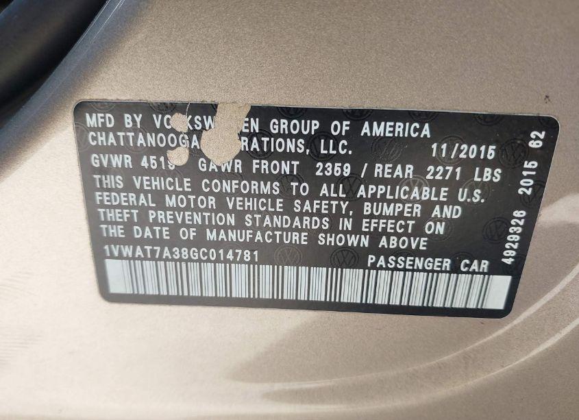 Photo 9 of 2016 Volkswagen Passat 1.8T S (VIN 1VWAT7A38GC014781)