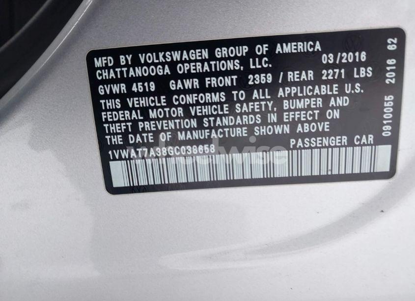 Photo 9 of 2016 Volkswagen Passat 1.8T S (VIN 1VWAT7A38GC038658)