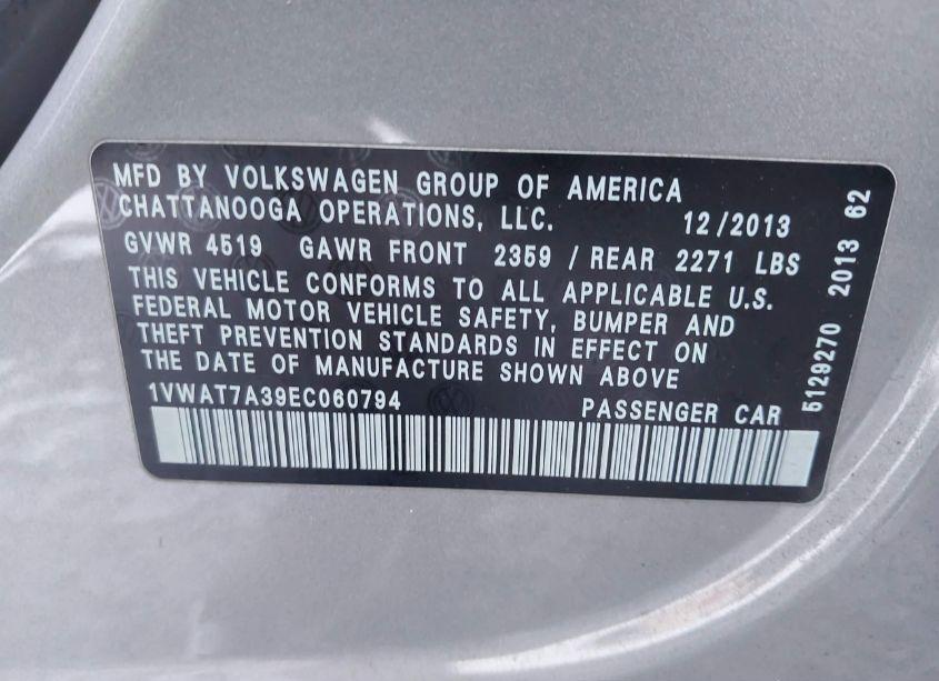Photo 9 of 2014 Volkswagen Passat 1.8T S (VIN 1VWAT7A39EC060794)