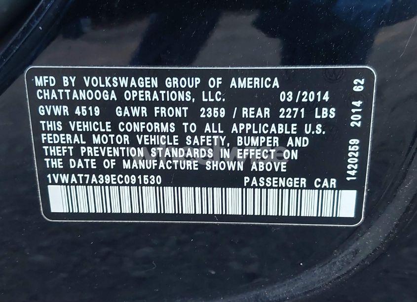 Photo 9 of 2014 Volkswagen Passat 1.8T S (VIN 1VWAT7A39EC091530)