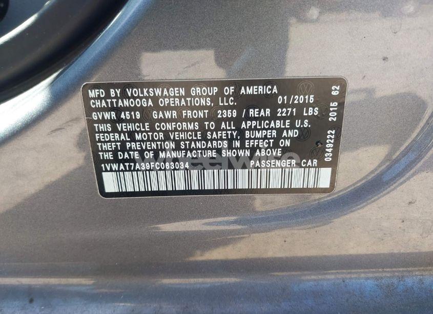 Photo 9 of 2015 Volkswagen Passat 1.8T WOLFSBURG EDITION (VIN 1VWAT7A39FC063034)