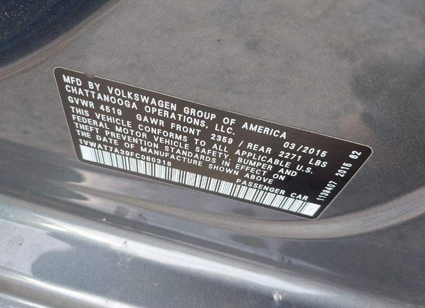 Photo 9 of 2015 Volkswagen Passat 1.8T WOLFSBURG EDITION (VIN 1VWAT7A39FC080318)