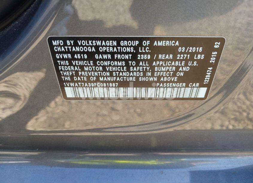 Photo 9 of 2015 Volkswagen Passat 1.8T WOLFSBURG EDITION (VIN 1VWAT7A39FC081887)