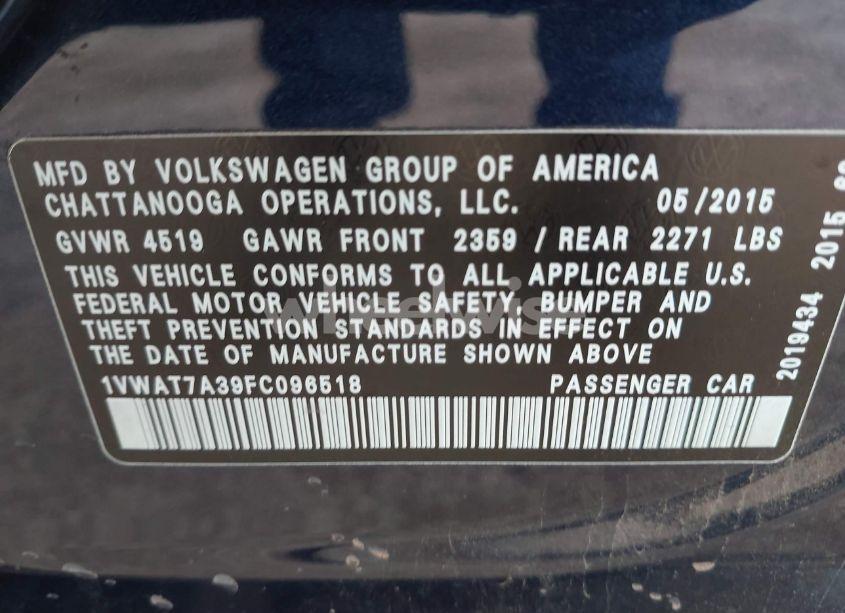 Photo 9 of 2015 Volkswagen Passat 1.8T WOLFSBURG EDITION (VIN 1VWAT7A39FC096518)